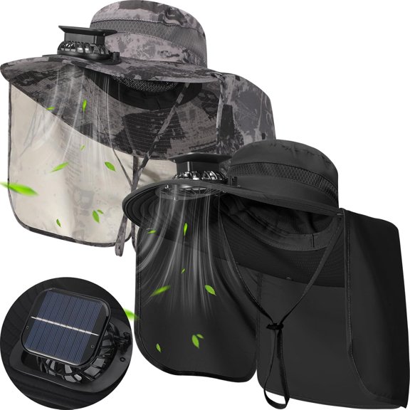 2 Pcs Men Sun Hat with Solar Fan Fishing Hat with Neck Flap Wide Brim Cap for Hiking Outdoor,USB and Solar Powered