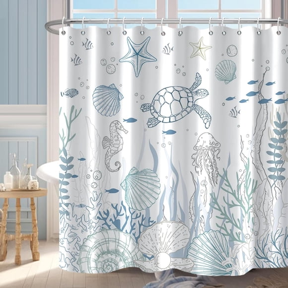 ABDFHE-Nautical Coastal Turtle Shower Curtain, Coral Starfish Seashell Ocean Themed Bathroom Curtain, Underwater Seahorse Bathroom Decor Blue 72 x 72 inch