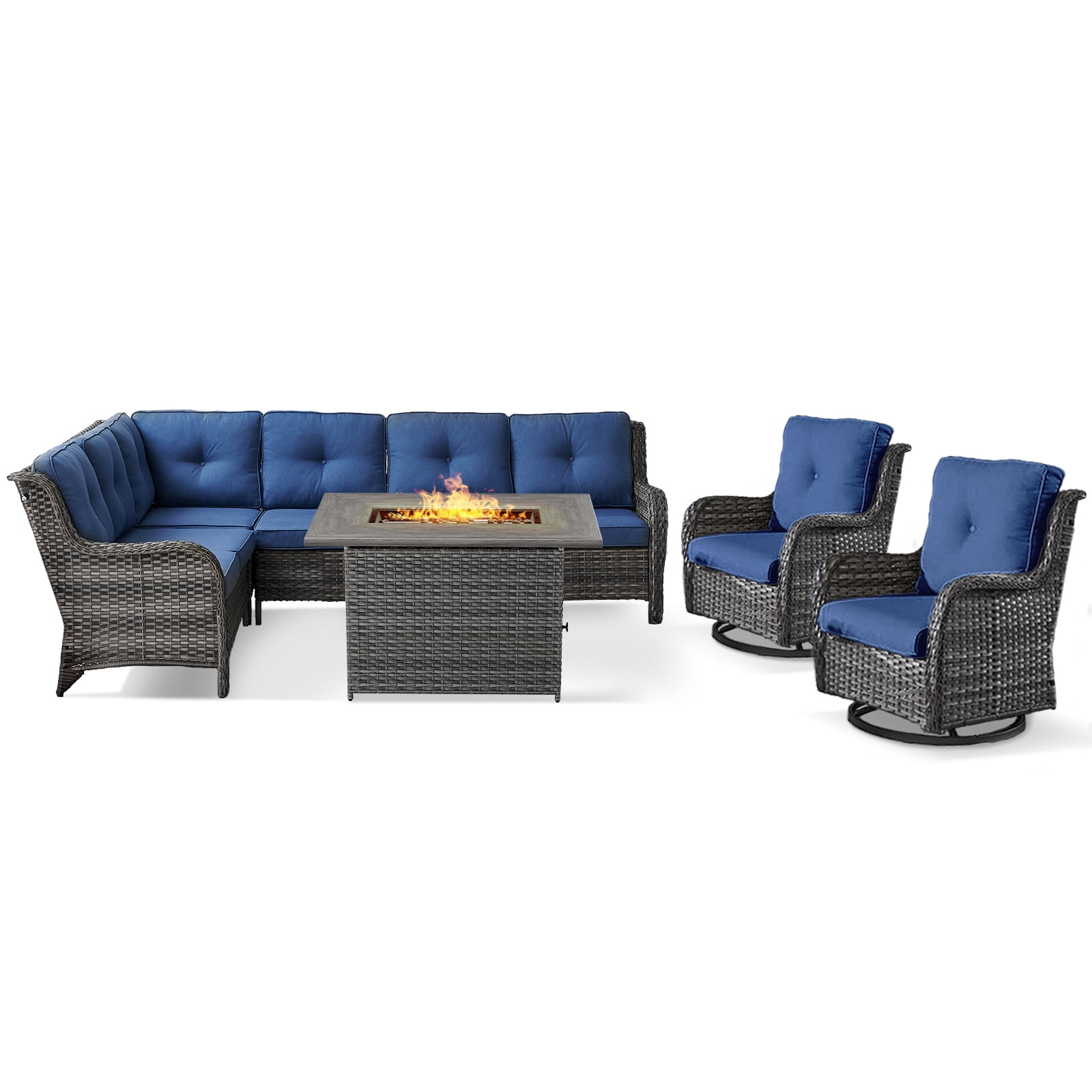 POCASSY 5PCS Patio Furniture Set with Firepit Table, Gray Wicker Furniture Set for Outside with Patio Couch Swivel Chairs - Blue