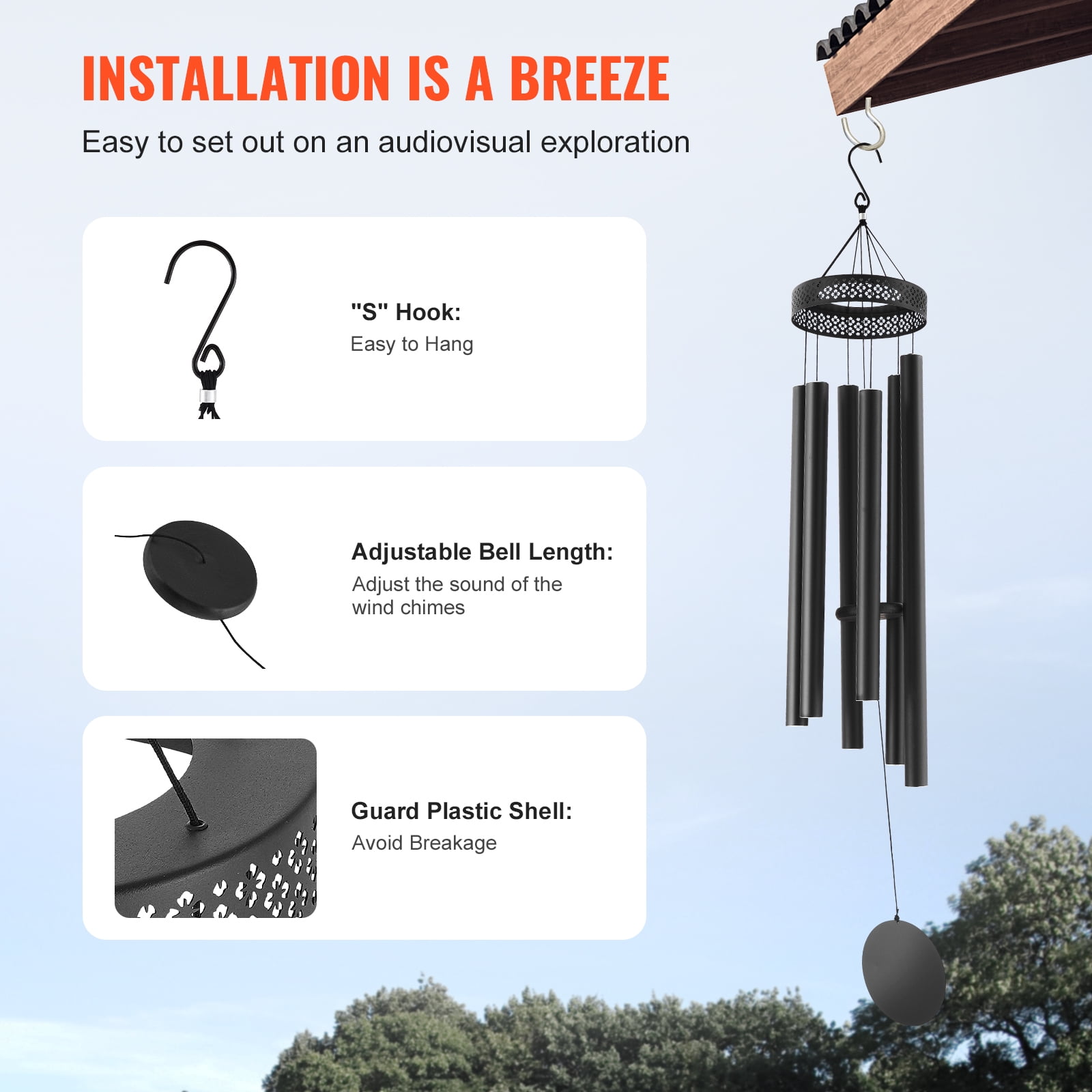 VEVOR Wind Chimes for Outside, 58 in, Deep Tone Wind Chimes with 6 Tubes, Unique Large Memorial Wind Chimes for Anniversary, Amazing Outdoor Decor for Your Patio, Porch, Garden and Backyard, Black