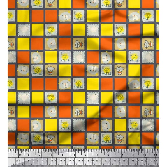 Soimoi Poly Georgette Fabric Geometric Square,Text & Bear Face Kids Printed Craft Fabric by The Yard 42 Inch Wide
