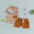 thumbnail image 2 of Ensemble d'Été 2 Pcs pour Bébé Garçon, Ensemble de T-shirt à Capuche Sans Manches à Imprimé Damier et Shorts, 2 of 7