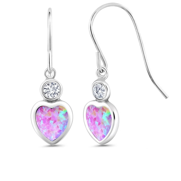 Gem Stone King 925 Sterling Silver Pink Opal and White Lab Grown Diamond French Wire Dangle Hook Earrings for Women (1.70 Cttw, Gemstone October Birthstone, Heart Shape 6MM)