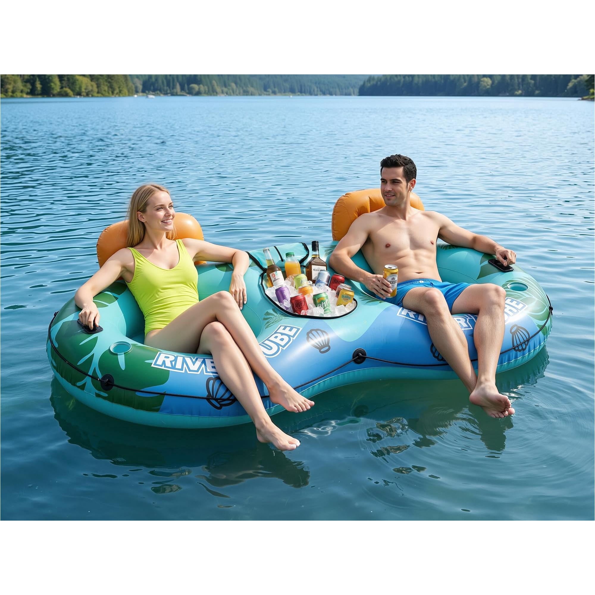 YIORTWO 2-Person Inflatable Pool Float Lounger with Cooler and Backrests, Heavy-Duty River Tube for Summer Pool and Lake Recreation, Green/Blue