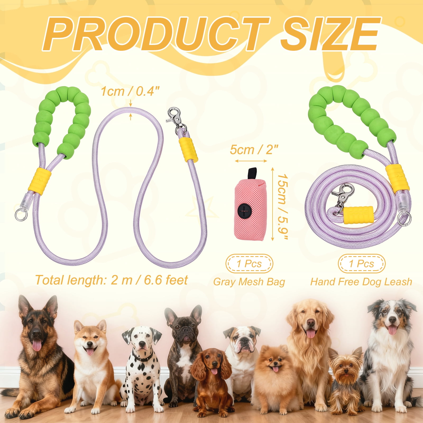 Uxcell Dog Leash with Padded Hands Free, 6.6ft/2m Adjustable Bungee Dog Training Leash, No Pull Heavy Duty Rope(Purple, Pink Bag), Intended for Large Medium Pet Running/Hiking/Walking
