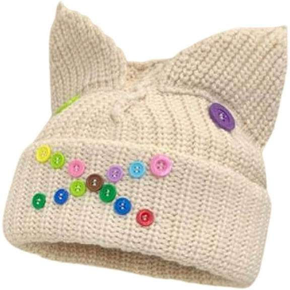 CoCopeaunts Beanies Hat for Women Fashion Knit Skull Beanie Cap Plush Warm Buttons Beanies Hat Cute Cat Ear Hat Winter Beanies Hat