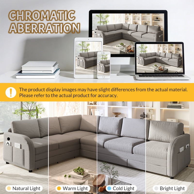 L-Shaped Sectional Sofa with Pull Out Bed, 115.2'' Convertible Sleeper Sofa with Reversible Chaise, USB Charging Ports & Side Pockets, Oversized 6-Seat Sofa Couch for Living Room
