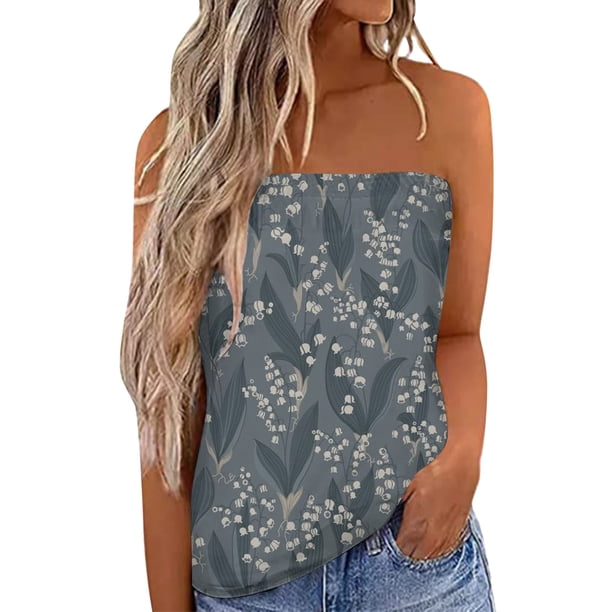 Gibobby Camiseta sin tirantes Bandeau para mujer, camiseta informal sin mangas para vacaciones de verano, camiseta holgada para vacaciones, blusa, camiseta sin mangas para mujer(Gris,M)