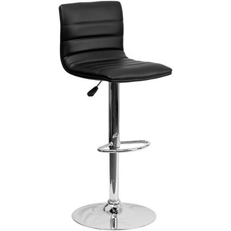 Triple Horizontal Bar Contemporary Vinyl Adjustable Height Barstool with Horizontal Line Upholstery and Chrome Base, Set of 2, Multiple Colors ()