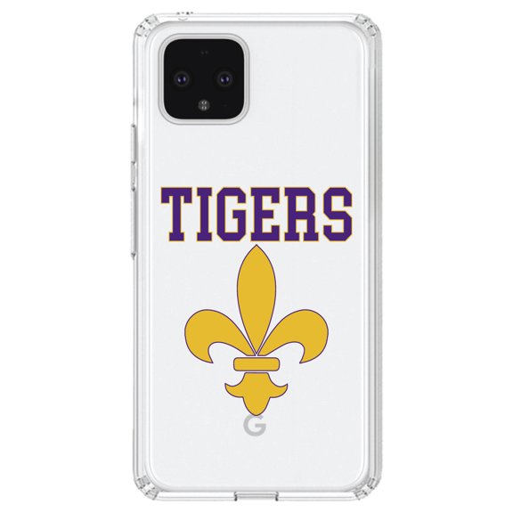 DistinctInk Clear Shockproof Hybrid Case for Google Pixel 4 (5.7" Screen) - TPU Bumper, Acrylic Back, Tempered Glass Screen Protector - Tigers Football / Fleur de Lis - Purple, Gold