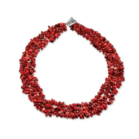 Dyed Red Coral Gemstone Chunky Cluster Bib Chips Multi Strand Statement Necklaces Silver Plated Clasp