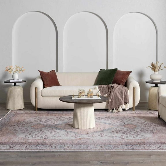 Hauteloom Moora Boho Vintage Distressed Area Rug - Machine Washable Traditional Medallion Area Rug for Living Room, Bedroom, Dining Room - Tan, Peach, Blush - 6'7" x 9' (6x9)