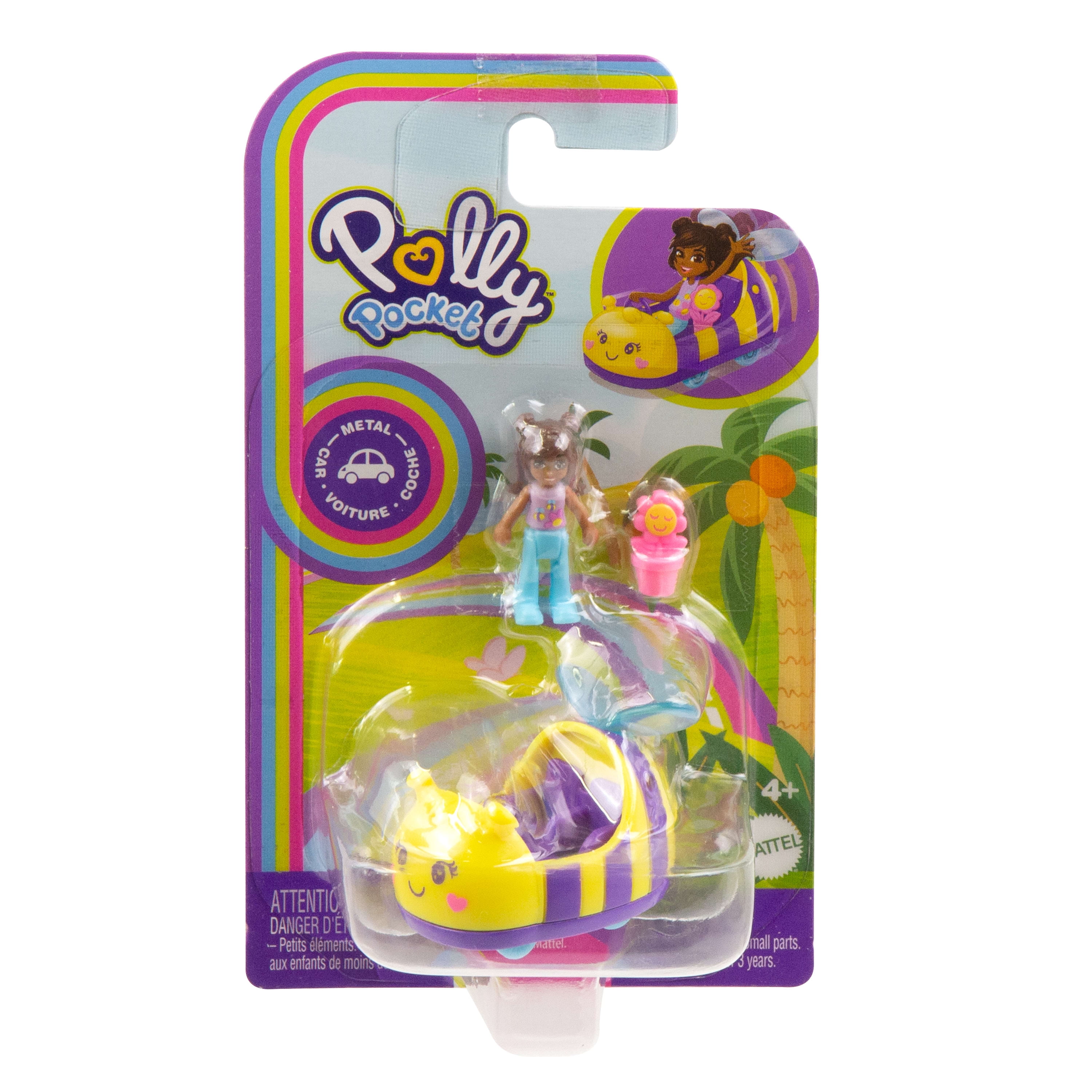 Polly Pocket Bumblebee Vehicle Set, Micro Doll with Themed Die-cast Car & Flower Figure