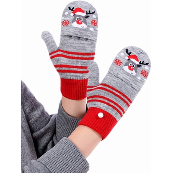 1Pairs Kids Winter Gloves Warm Mittens Flip Half & Full Finger Christmas Convertible Mittens with Thumb Flap for Boys Girls
