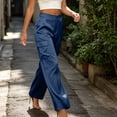 thumbnail image 5 of LEAVINGSUO Cargo Pants Women Satin Work Pants With Elastic Waistband And Button Flap Pockets Casual Trousers Blue S, 5 of 8