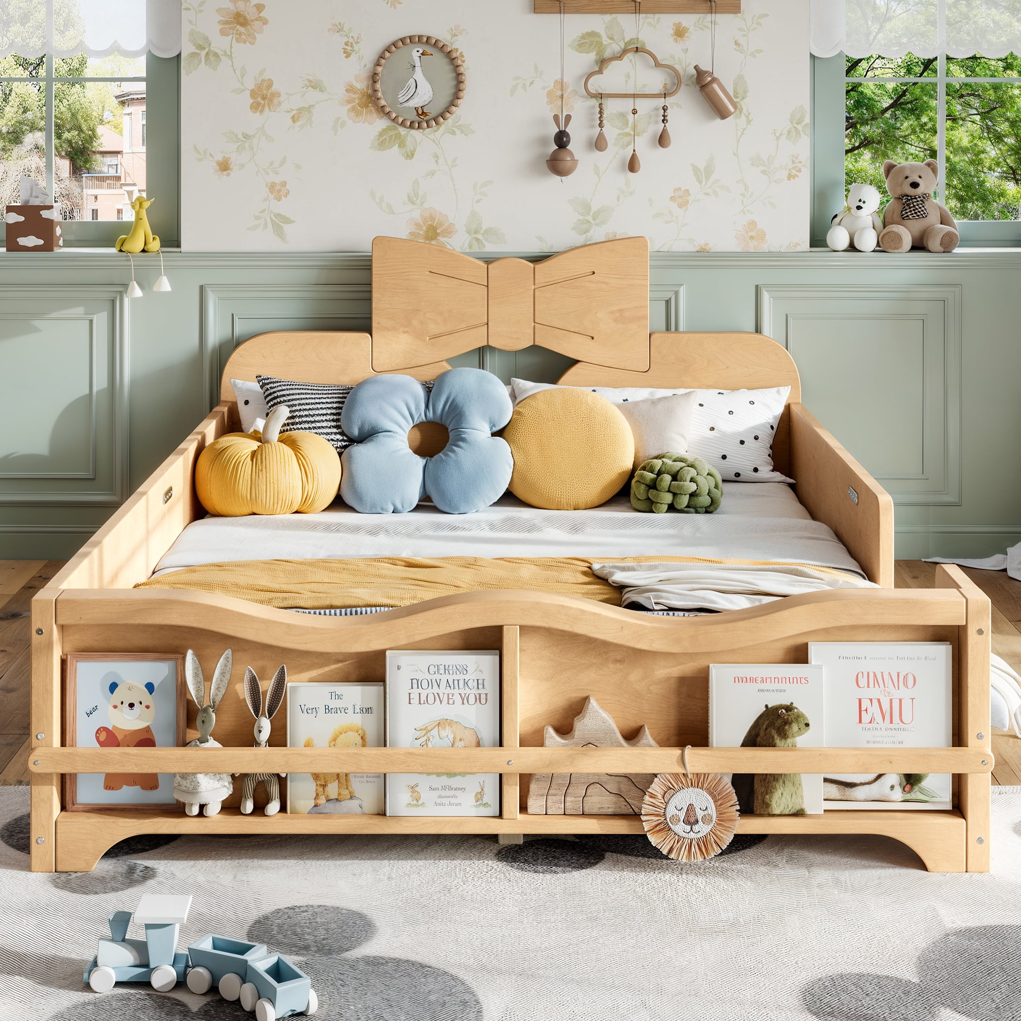 Leumius Full Platform Bed,Modern Wood Frame Bed with Full Surround Guardrails & Built-in Side Bookshelf for Kids Room,No Box Spring Needed,Natural
