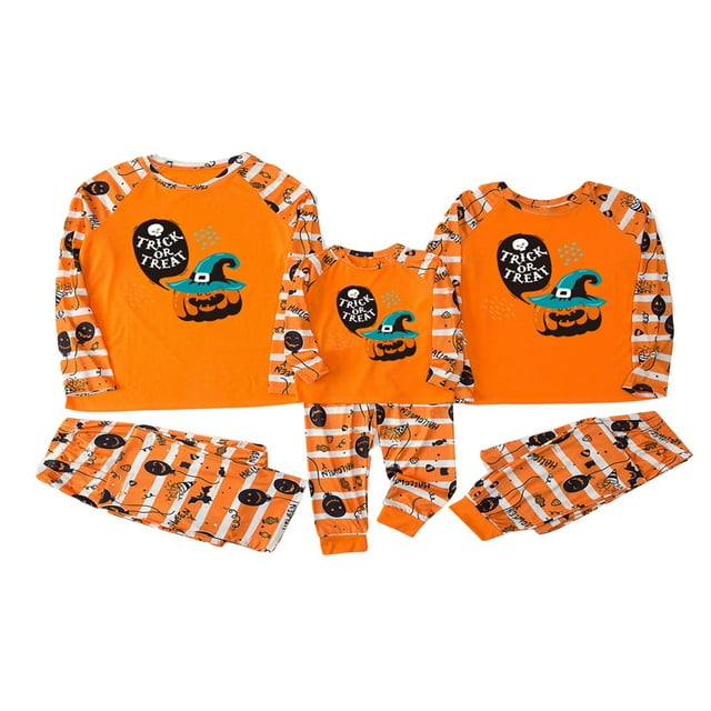 Pyjamas d'Halloween Assortis pour la Famille Ensemble Citrouille Imprimé Manches Longues Col Rond Chandail Haut+pantalon Pyjamas pour la Famille