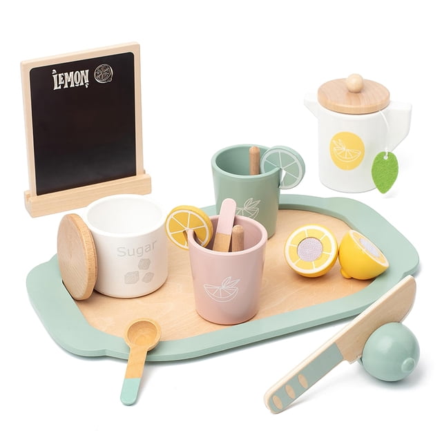 Set de madera para fiestas de té MIKNEKE para niños pequeños, juegos de simulación