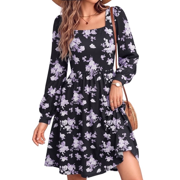UVN Dresses for Women Fall Long Sleeve Square Neck Dress Boho Floral Print Midi Dresses with Pockets