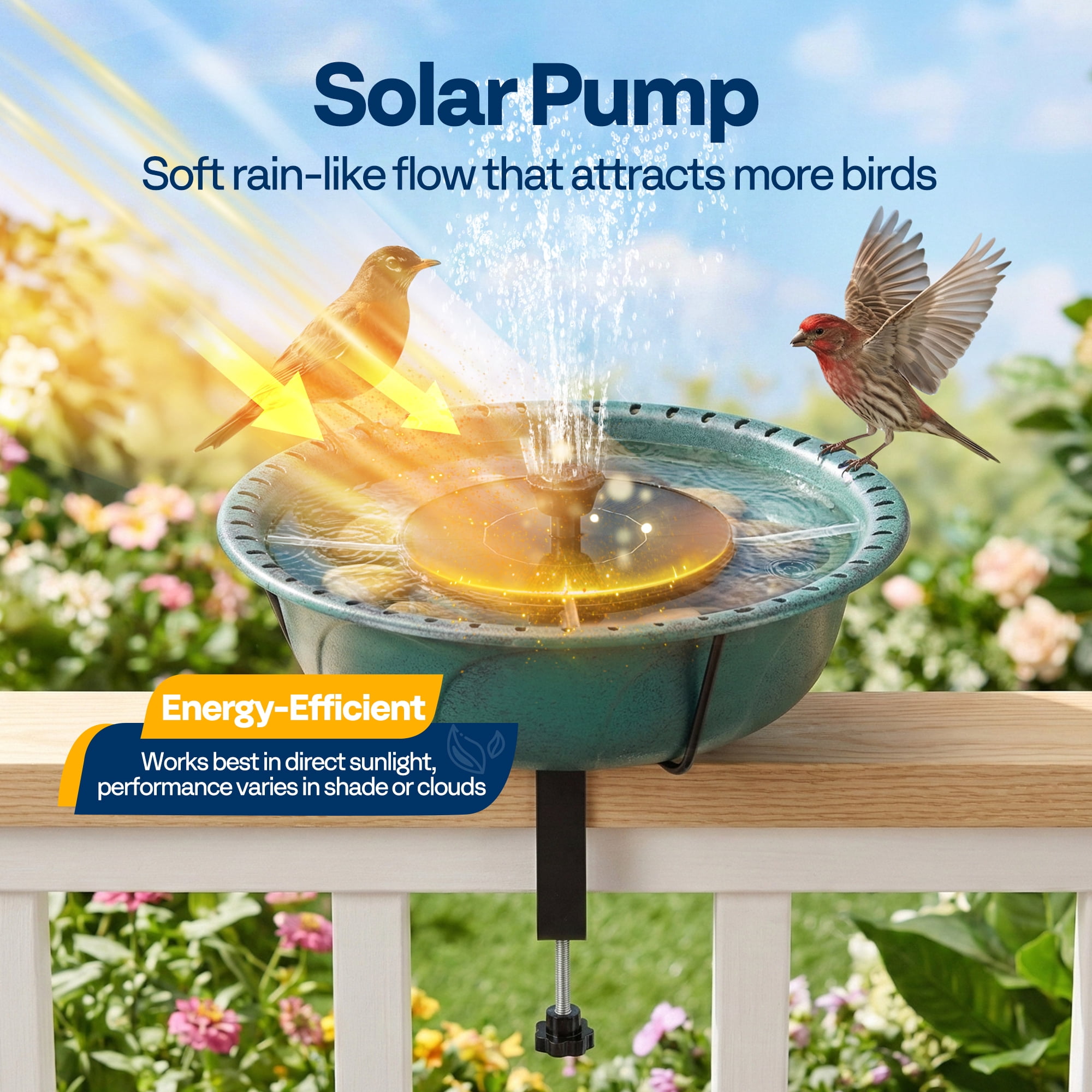 SPECSTAR Deck Mounted Bird Bath with Solar Fountain, Outdoor ABS Birdbath Bowl with Adjustable Metal Clamp, Solar Powered Pump for Railing, Fence, Balcony, 1.45 Gallons, Green