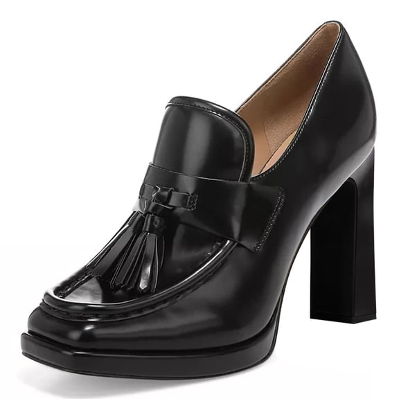 YDN Women Classic Tassel Square Closed Toe Penny Loafers Block High Heel Slip On Pumps Work Office Outfit Casual Shoes Size 7 Black