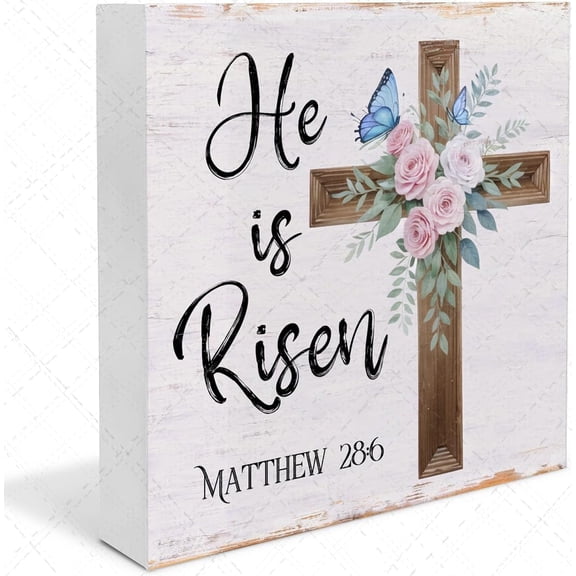 Easter Religious Desk Decor,Matthew 28:6 Wood Box Sign,He is Risen Cross Sign Easter Christian Wooden Block Plaque Box Sign Table Shelf Decoration for Home Office 5x5 In