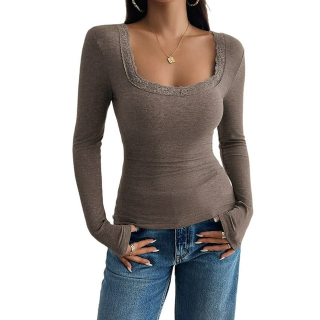 Womens Long Sleeve Shirts Square Neck Ribbed Knit Crop Tops Fall Outfits Fashion Clothes Coffee Color XL