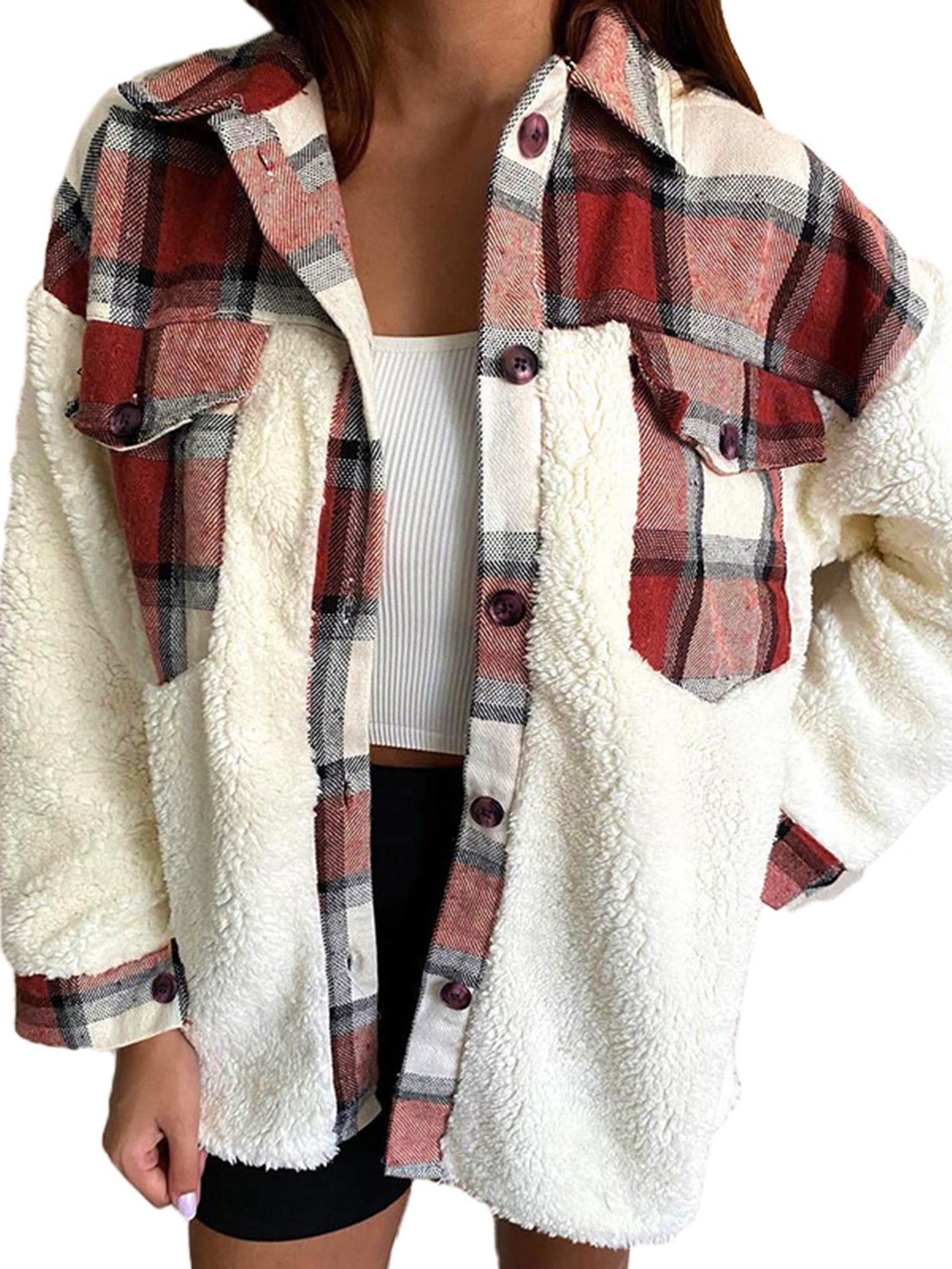 Nirovien Women Plaid Sherpa Hooded Cardigan Fuzzy Fleece Jacket Reversible Teddy Coat Outerwear with Pockets 