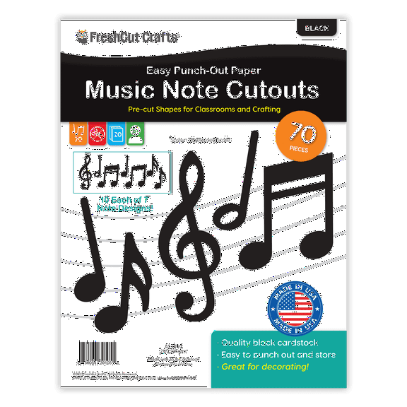 FreshCut Crafts Punch Out Paper Cutouts, Black Music Notes, 70 Pieces