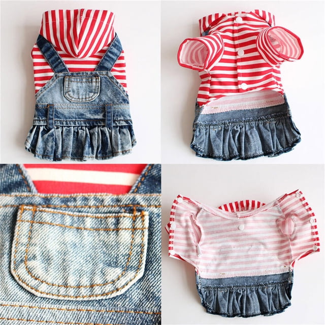 ERK Robe pour Chien Brodée de Fruits, Vêtements à Rayures, Veste à Capuche en Denim pour Chiot