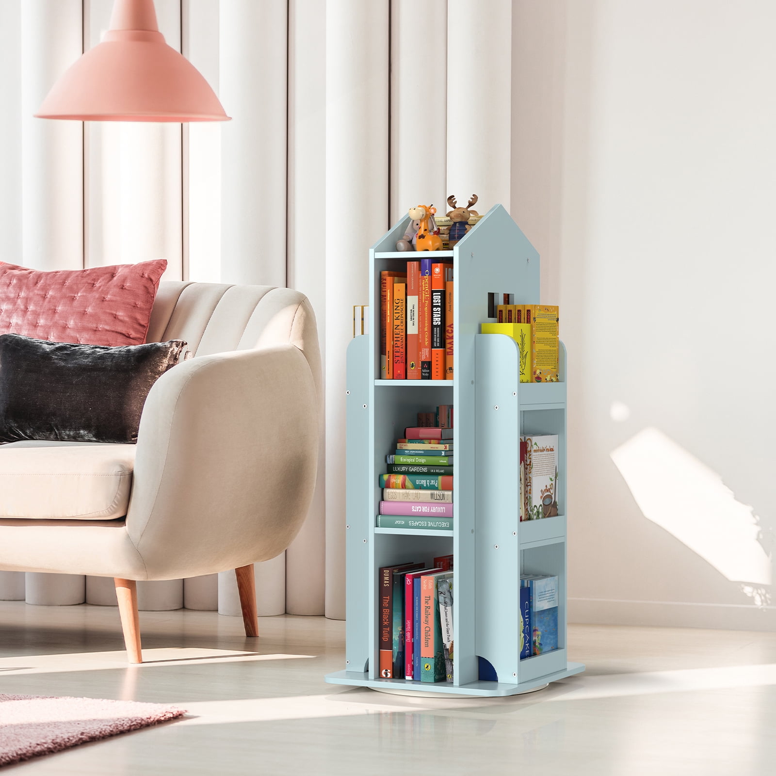 360° Rotating Kids Bookshelf, Blue Engineered Wood House-Shaped Bookcase, 38in Tall Storage Organizer for Bedroom, Playroom, Living Room