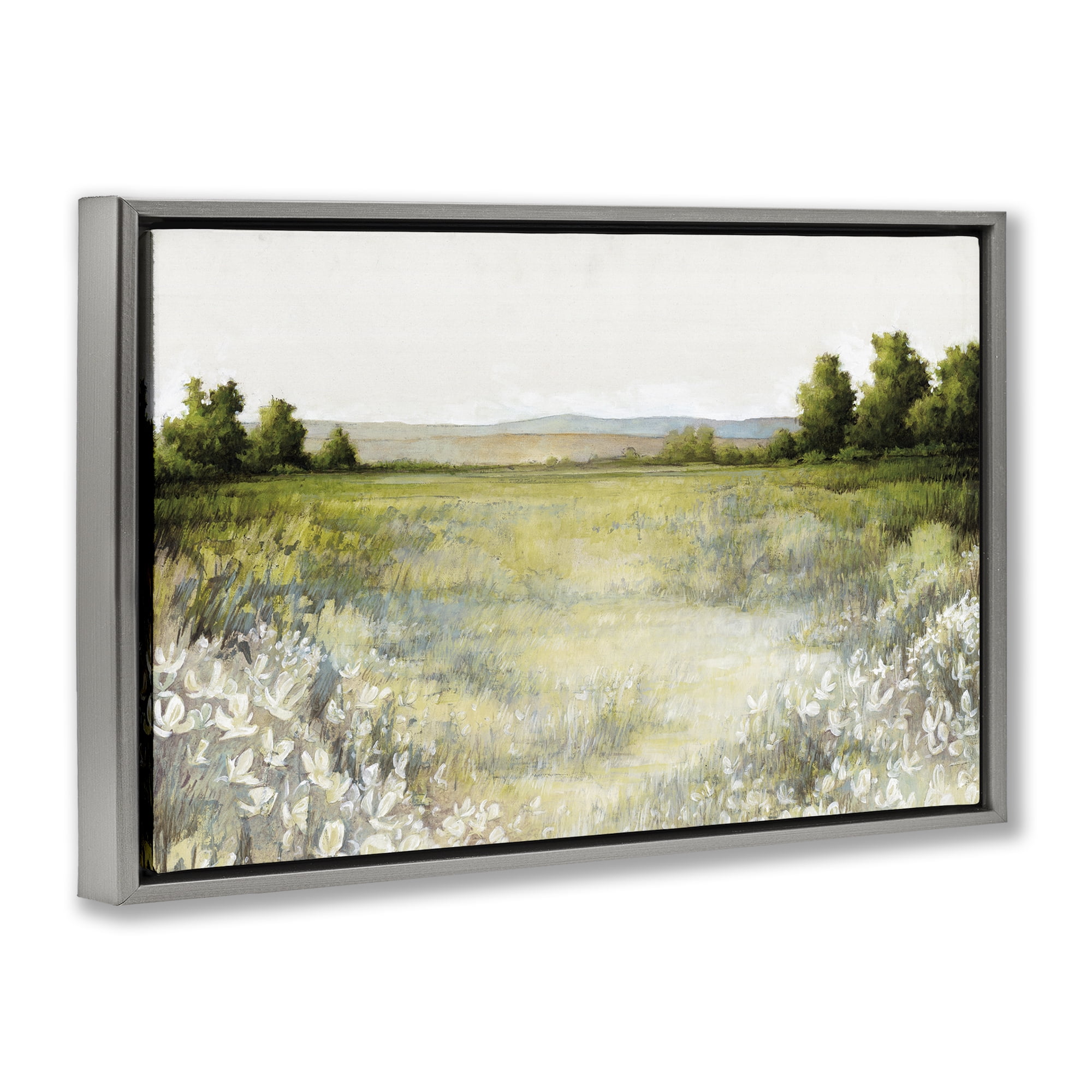 Stupell Industries White Flowers Meadow Landscape & Nature Painting Gray Floater Framed Canvas Art Print Wall Art, 25 x 17