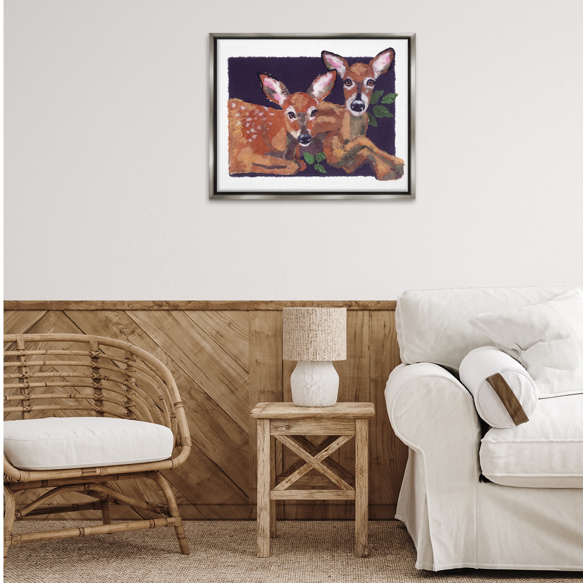 Stupell Industries Fawn Siblings Portrait Animals & Insects Painting Gray Floater Framed Canvas Art Print Wall Art, 31 x 25