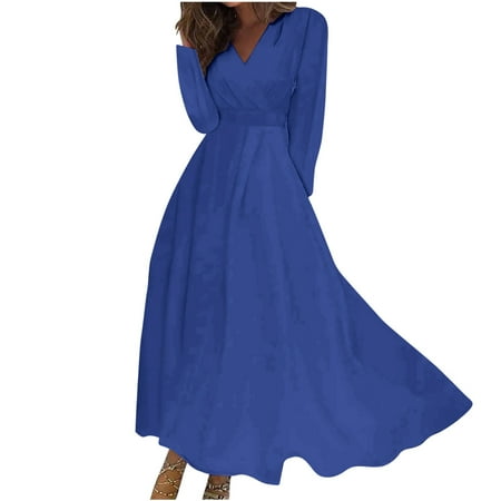 Womens Fall Dresses 2024 on Clearance Fashion Solid Tunic V Neck Long Sleeve Flowy Maxi Dress