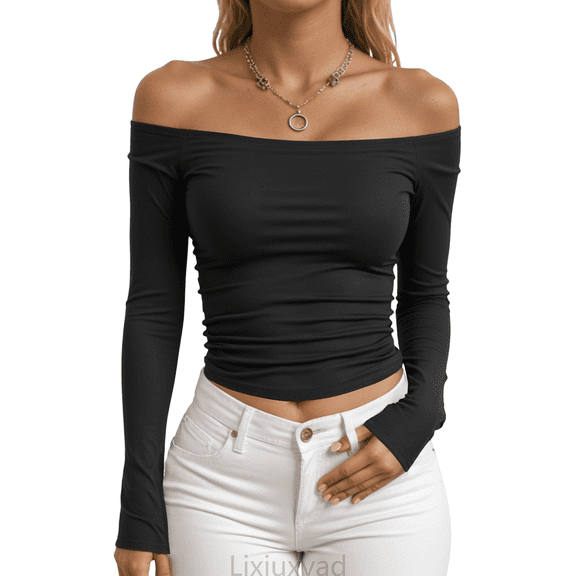 Lixiuxyad Women Basic Tee Off Shoulder Long Sleeve T Shirt Crewneck Stretch Basic For Casual Wear And Daily Outfits,Black
