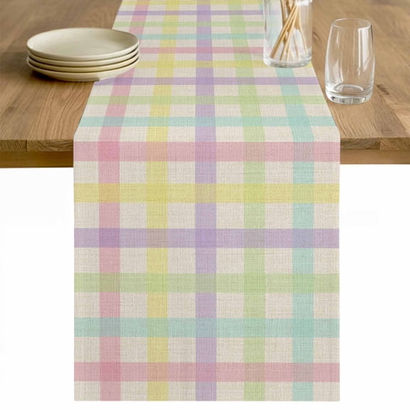 Green Beige Plaid Table Runner 36 Inches Long Farmhouse Dress Scarves, Farmhouse Art Checkered Rustic Dining Tablerunner for Coffee Table/Kitchen Island/Party Décor, Small 13" x 36"