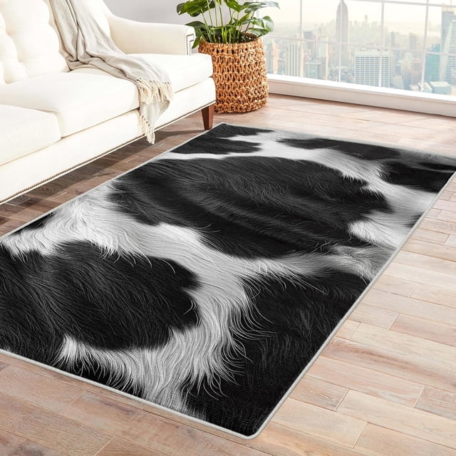 Cow Pattern Rugs for Living Room Bedroom - Animal Rug 4x5 - Black and White Carpet for Home Decor - Washable Non Slip Patterned Indoor Large Area Rug - Soft & Low Pile (ZJ&427)