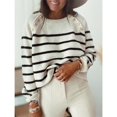 thumbnail image 2 of Top de punto para mujer, cuello redondo, suave, suelto, manga larga, estilo a rayas, diseño de botones, suéter para mujer para viajes de oficina a casa, blanco S, 2 of 6