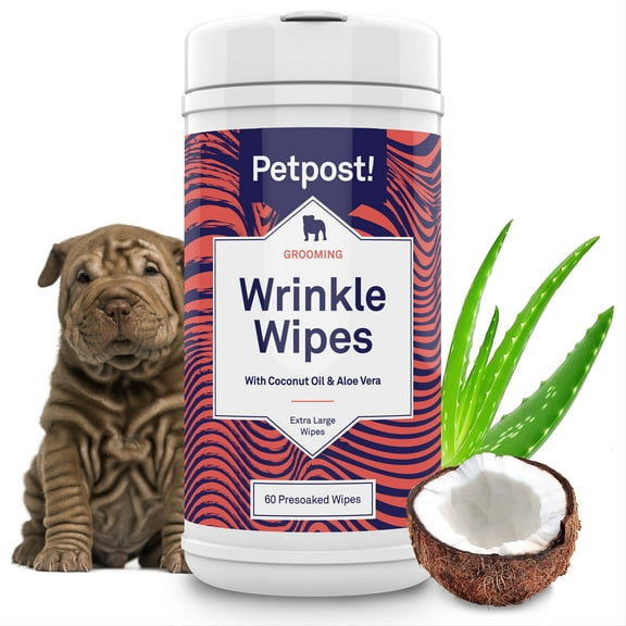 Petpost Large Wrinkle Wipes for Dogs | 60 Count 5x7 Dog Face & Wrinkle Cleaner | Gentle Pet Wipes with Coconut Oil & Aloe for Bulldogs, Pugs & Wrinkly Breeds | Dog Cleaning Wipes