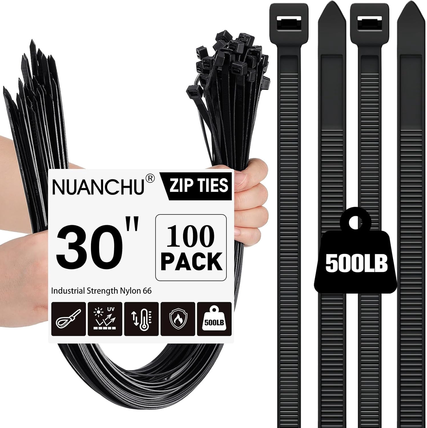 100 pieces of 30-inch black zipper tape heavy-duty cable ties for indoor and outdoor binding fences, sunshade lashing, and crop branch bundling