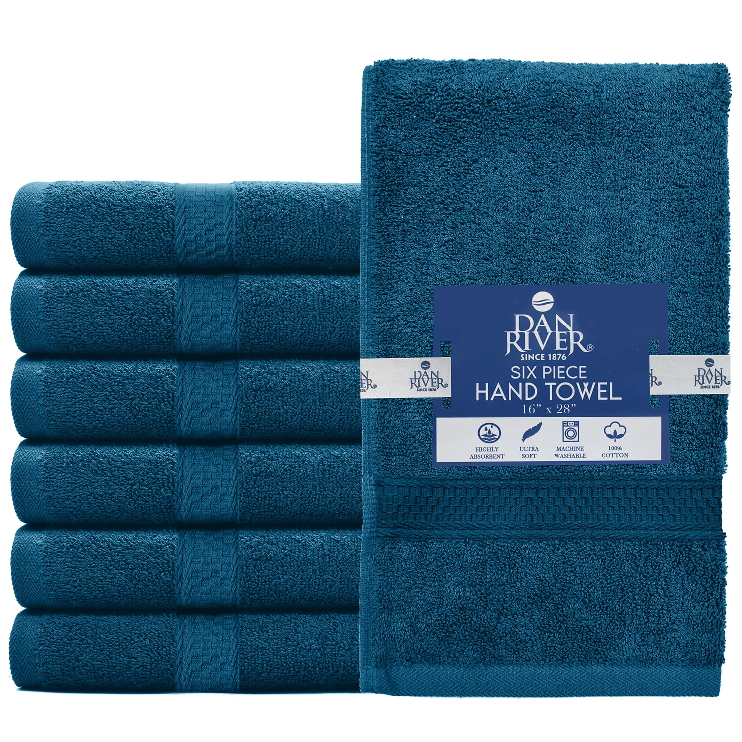 Dan River Hand Towel pack of 6 Quick Dry And Absorbent Cotton Towels for Bathroom - Blue 16x28in