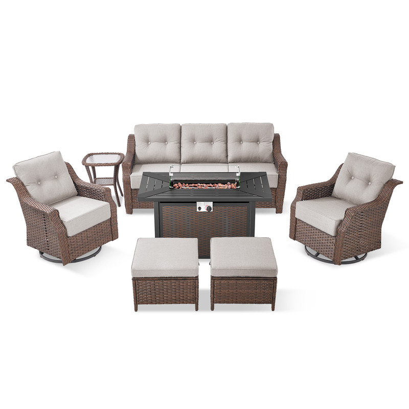PARKWELL 7 Pieces Outdoor Patio Furniture Set with Fire Pit Table,Luxury 6" Thick Conversation Set with Swivel Glider Chairs,All-Weather Seating Furniture Set for Backyard Deck, Brown/Beige