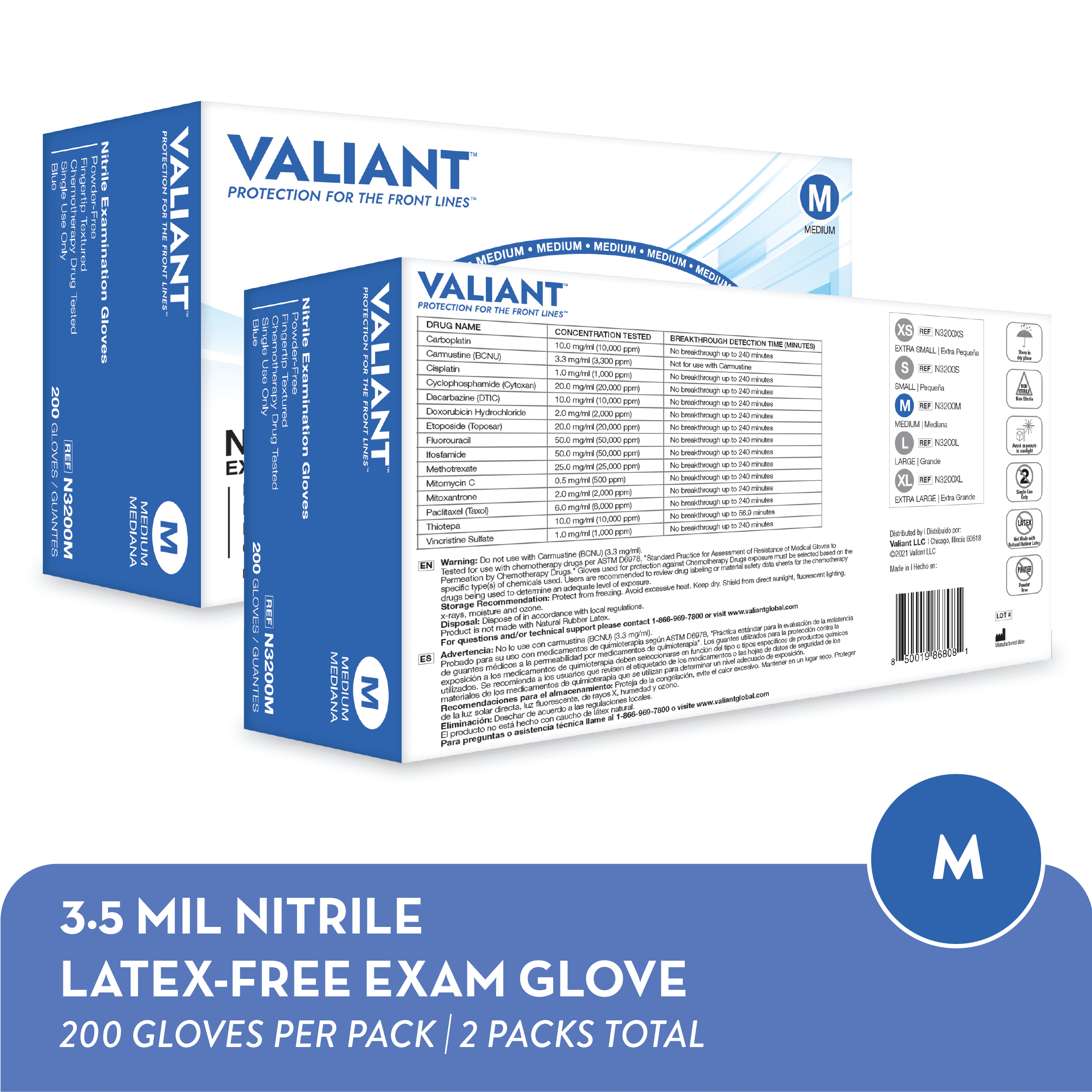 Valiant N3200 Nitrile Exam Gloves, Single Use Only, Fingertip Textured, Cornflower Blue, Medium, 200 Per Box, 2 Boxes