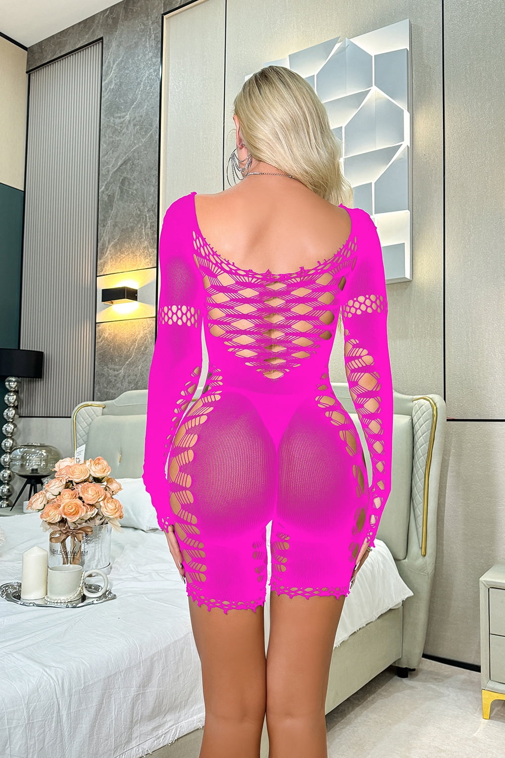 Pink Temptation Hip Skirt Sexy Lingerie Sexy Siamese Ripped Long Sleeves  Tight See-through Fishnet Clothes W828