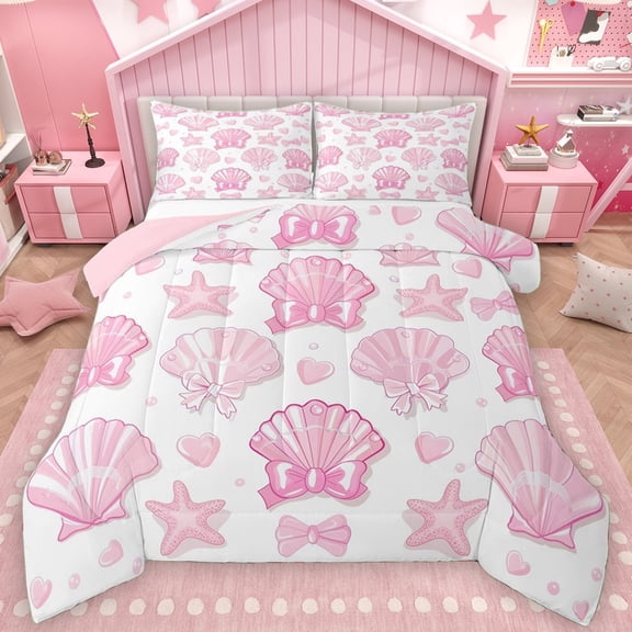 Manfei Pink Bowknot Seashell Full Size Comforter Sets, Cartoon Ocean Starfish Bedding Comforter Set, Teens Kids Girls Reversible Bedding Sets, Breathable Home Decor, 3-Piece
