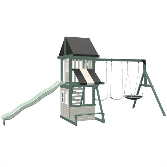 Sportspower Ladera Solar Wooden Swing Set with Clubhouse, Deck Lights, 2 Belt Swings, 2-Person Saucer Swing, 8ft Slide, Climbing Wall, & Bench/Table, FREE Anchors Included