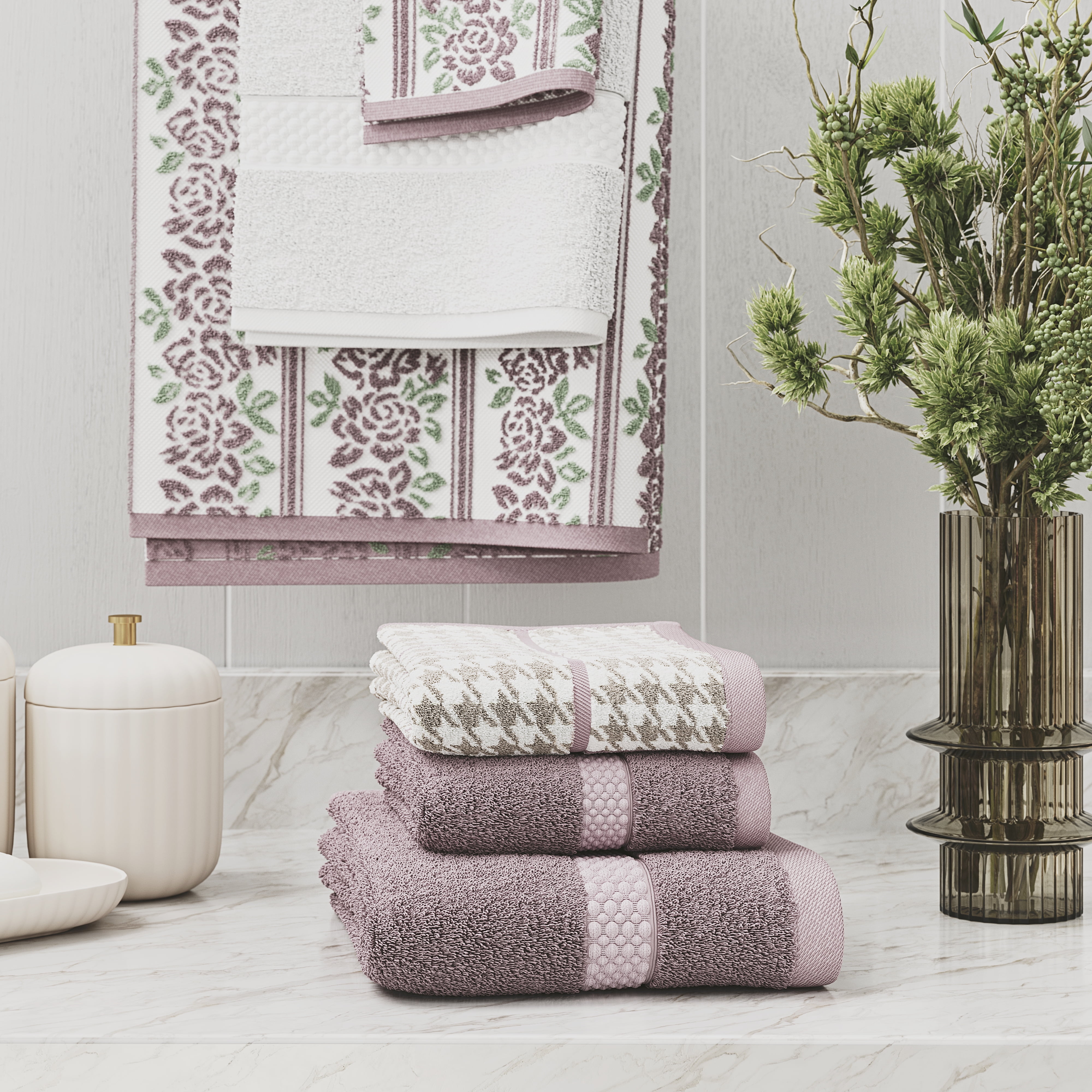 Beautiful by Drew Barrymore 6-Piece Textured Bath Towel Set, Soft 100% Cotton, Pine Green