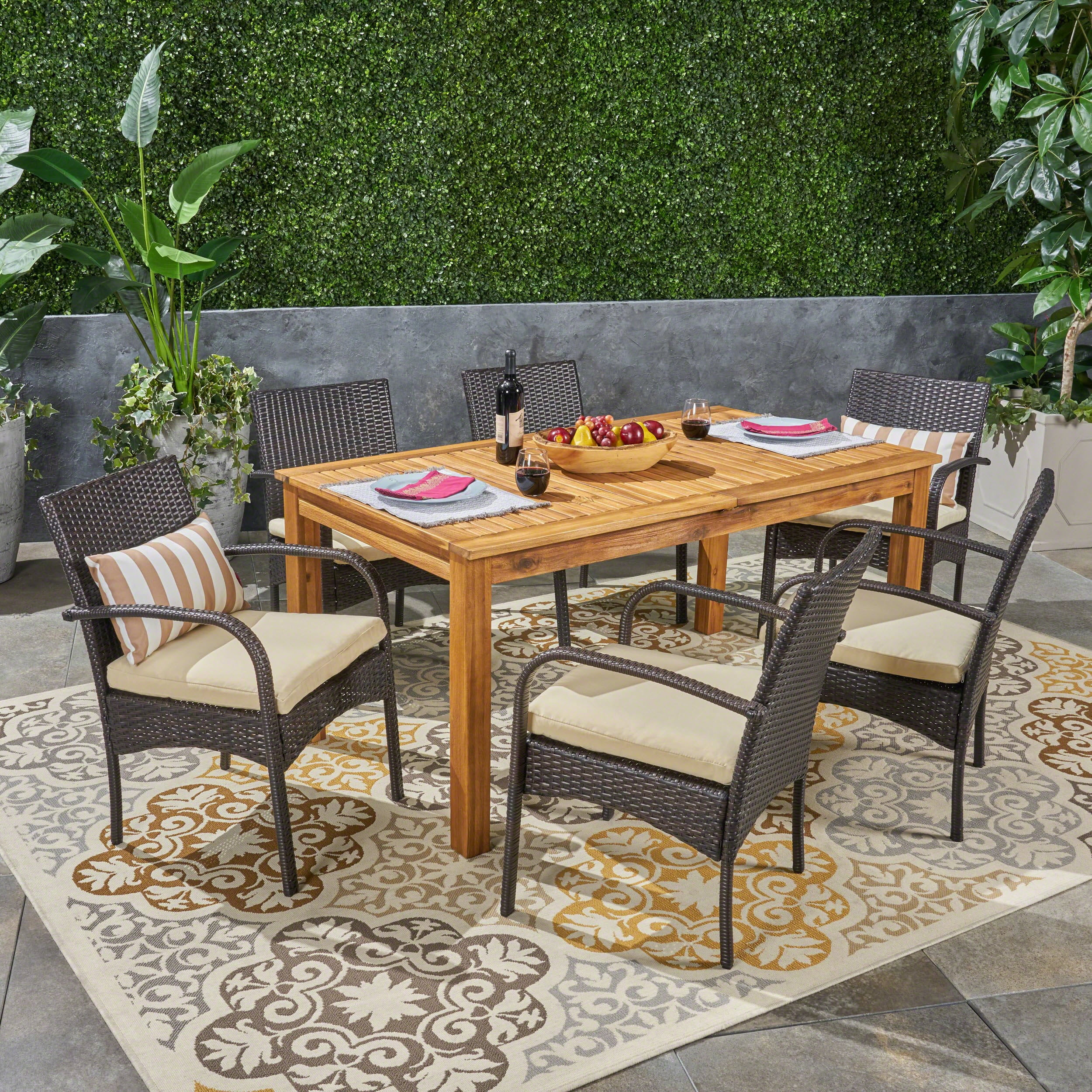 Zachary Outdoor 7 Piece Expandable Wood and Wicker Dining Set, Sandblast Natural Stained, Multi Brown, Crème