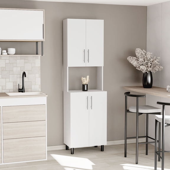 Linden 76,8" Tall Two Double Door Cabinet Kitchen Pantry with Hutch and Five Shelves, Microwave Cabinet, Storage Cabinet, Kitchen Organization, Garage