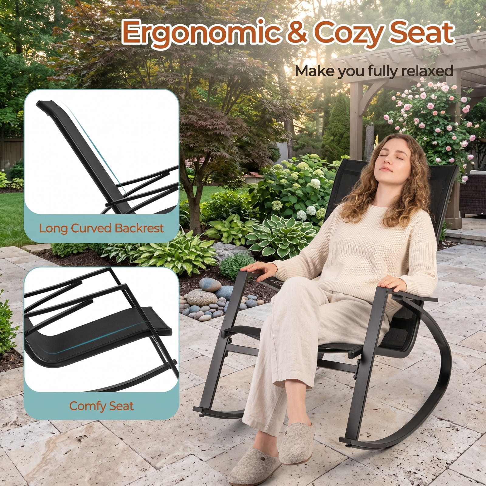 Furnibear Patio Rocking Chairs Set of 2 with Ergonomic Sling Backrest and Circular Metal Frame for Balcony and Poolside, Black